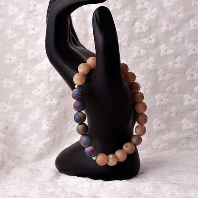 Round Beaded Stretch Bracelet, 8mm Natural Peach Druzy Combine With Rainbow Druzy.