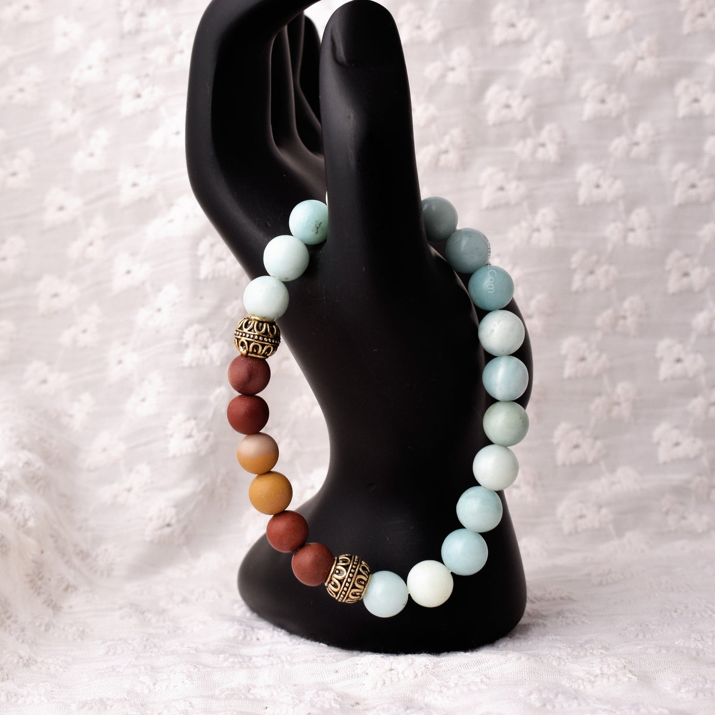 Round Beaded Stretch Bracelet, 8mm Round Smooth Aqua Marine Beads, Mookite Beads With Real Gold Plated Beads.