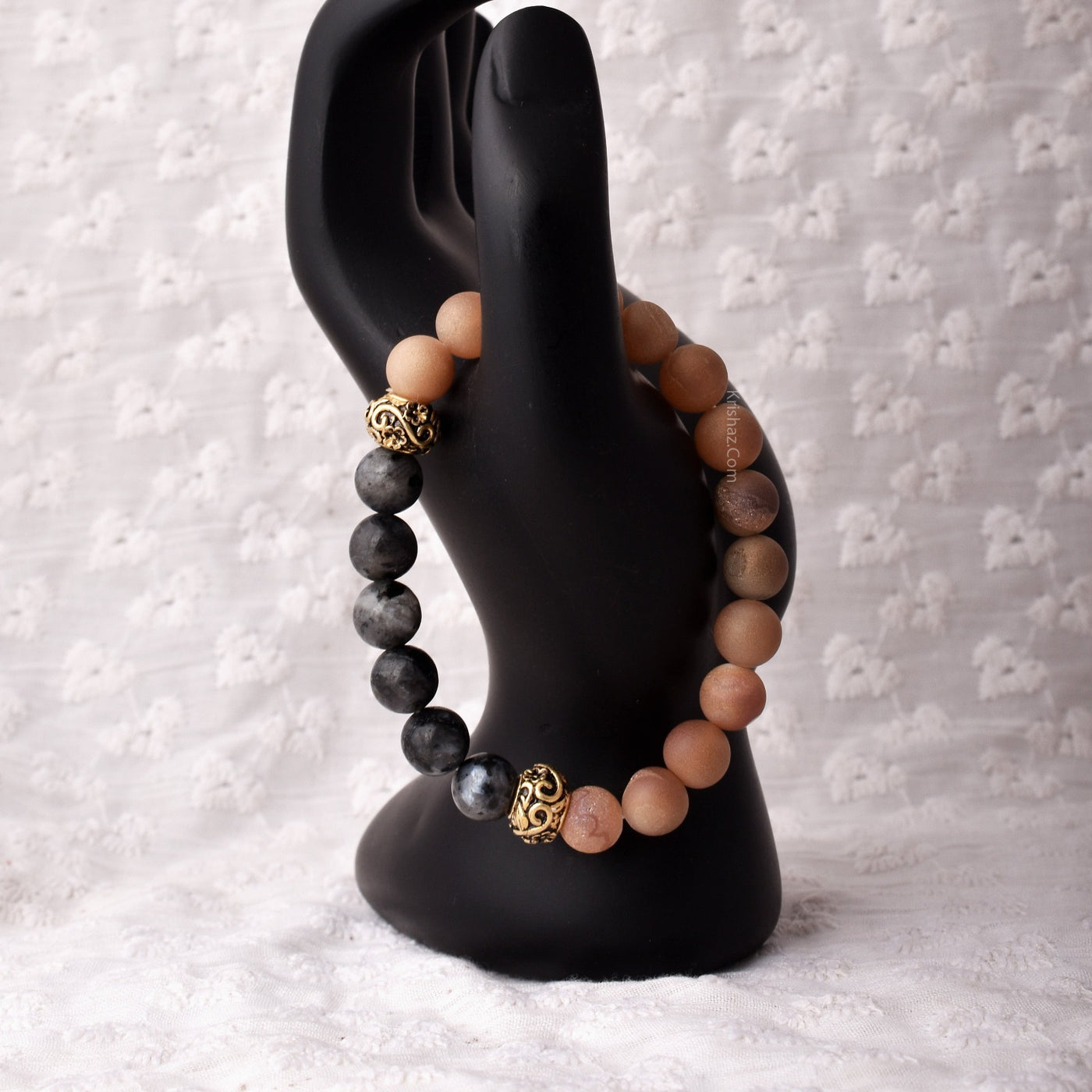 Round Beaded Stretch Bracelet, 8mm Natural Labradorite Larvikite Combine with Peach Druzy With Real Gold Plated Beads.