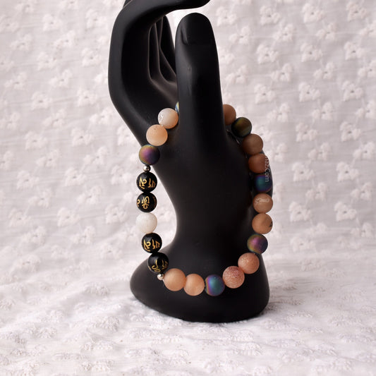 Stretch Bracelet, 8mm Natural Round Peach and Rainbow Druzy with Om Mani Black Onyx Beaded Stretch Bracelet