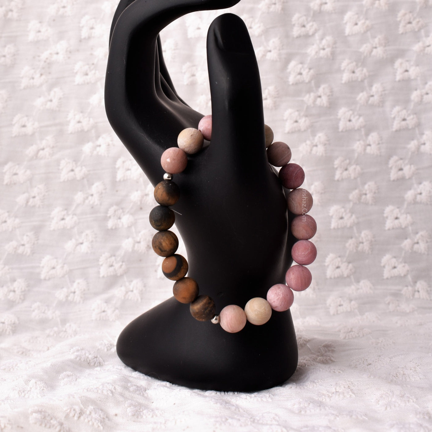 Stretch Bracelet, 8mm Natural Round Matte Tiger Eye with Mate Pink Rohdonite  Beaded Stretch Bracelet