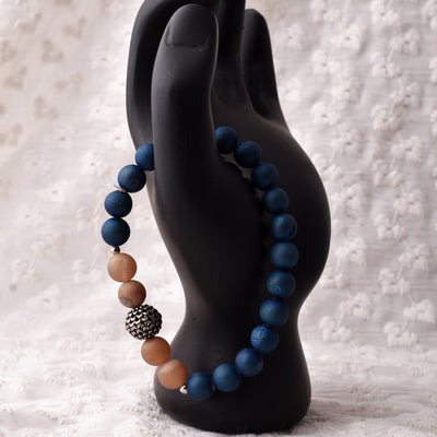 Round Beaded Stretch Bracelet, 8mm Round Natural Blue And Peach Druzy Beaded Bracelet with Silver Plated Metal Beads