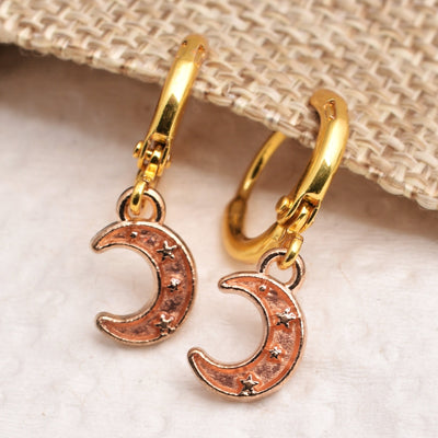 Peach Color Dainty Gold Huggie Hoops with Small Moon Charm Dangle
