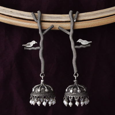 Sparrow on branch Shaped Silver Look Alike Jhumka Earring Set