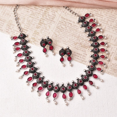 Anurati Oxidized Silver Necklace with Matching Earrings Set.