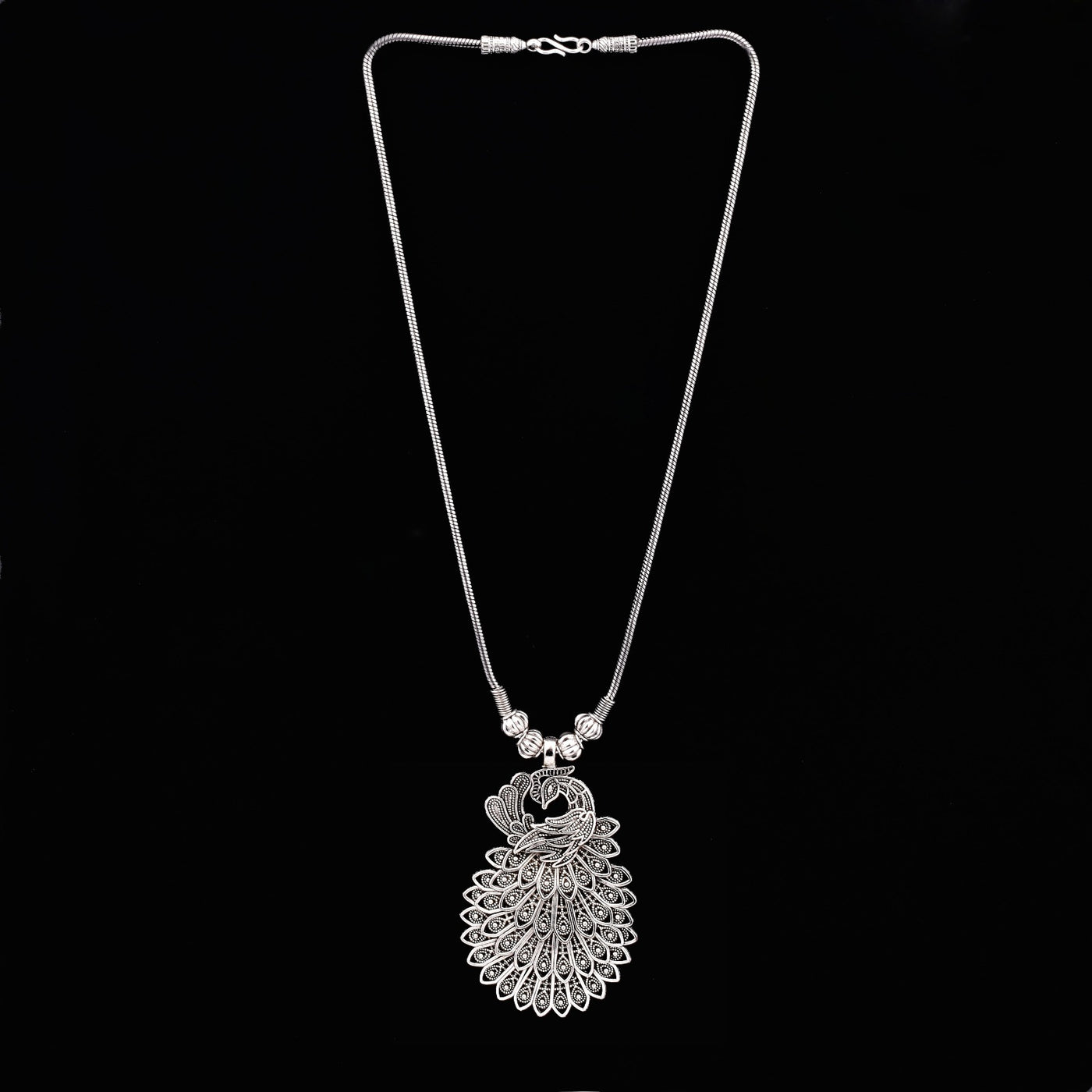 Oxidized Silver Peacock Pendant Necklace