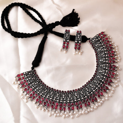 Amisha Oxidized Silver Heavy Look Necklace with Matching Earrings Set