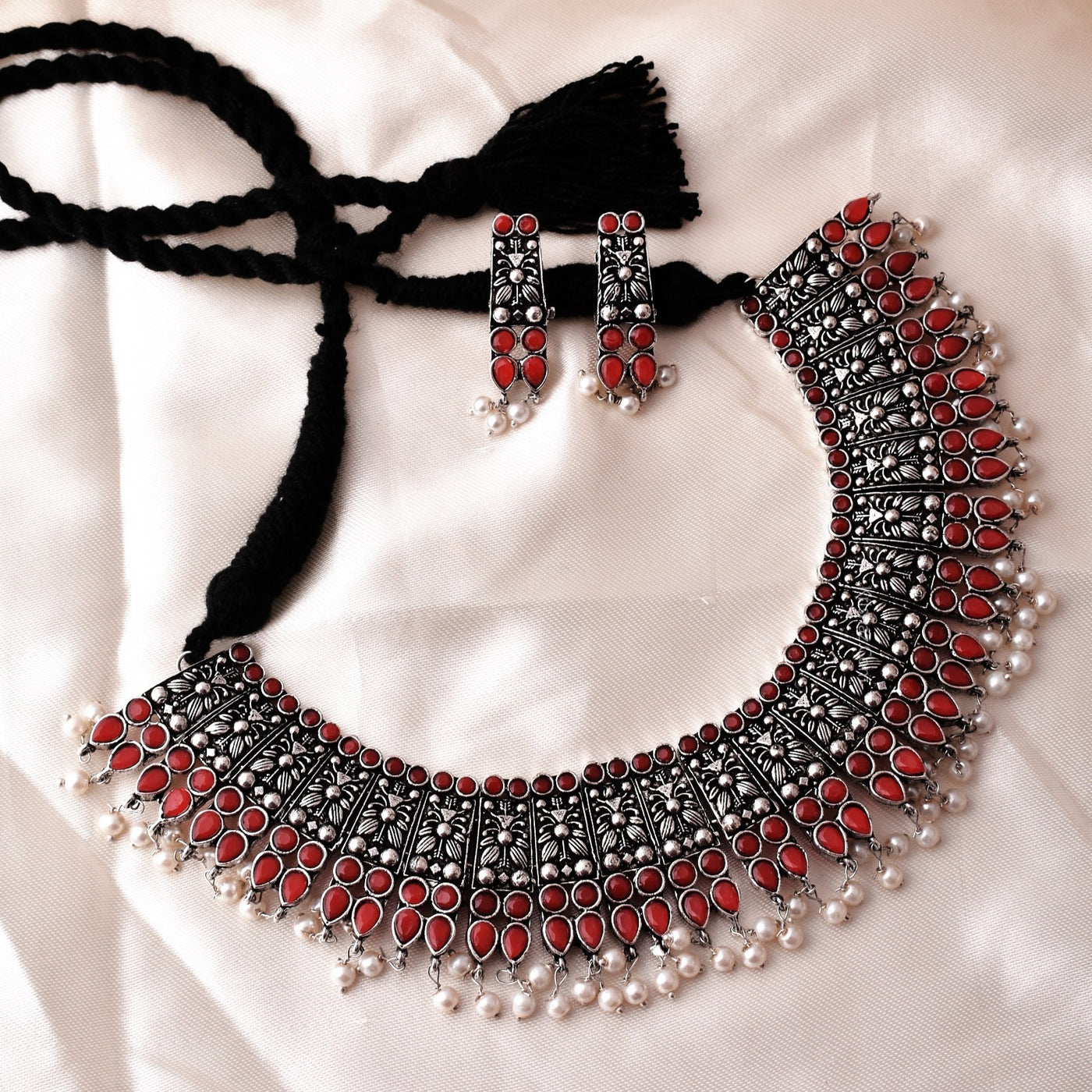 Amisha Oxidized Silver Heavy Look Necklace with Matching Earrings Set