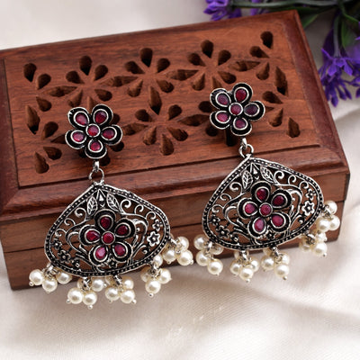 Yashika Oxidized Silver Floral Dangler Earring Set