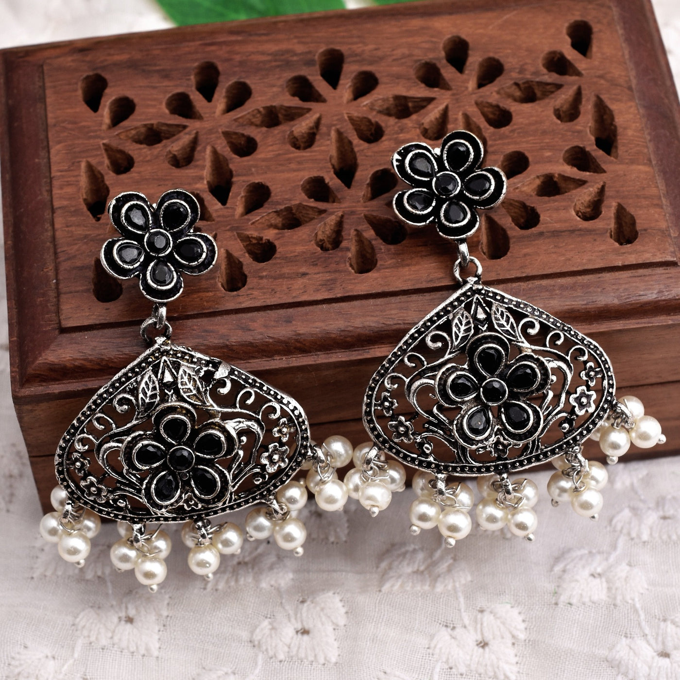 Yashika Oxidized Silver Floral Dangler Earring Set