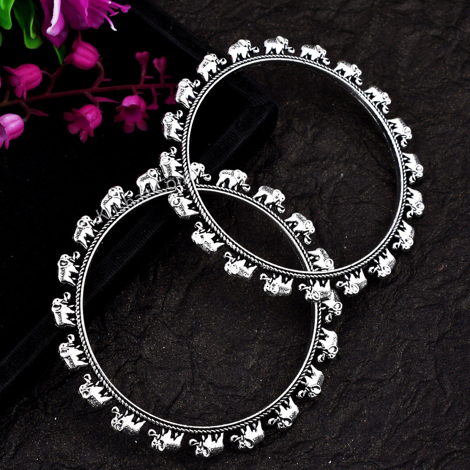 A Pair of Elephant Designed Kolhapuri Style German Silver Kada Bangle - Krishaz