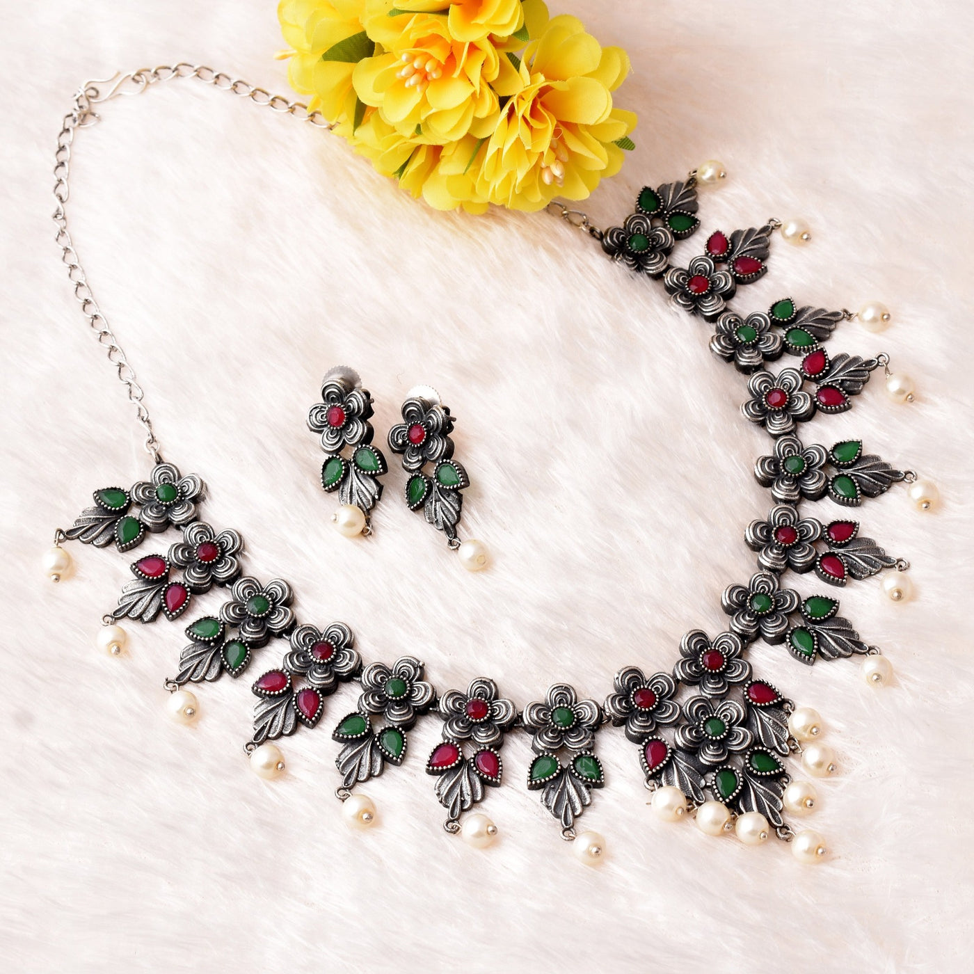 Ruby & Green Color Flower Choker Necklace Set with Matching Earrings