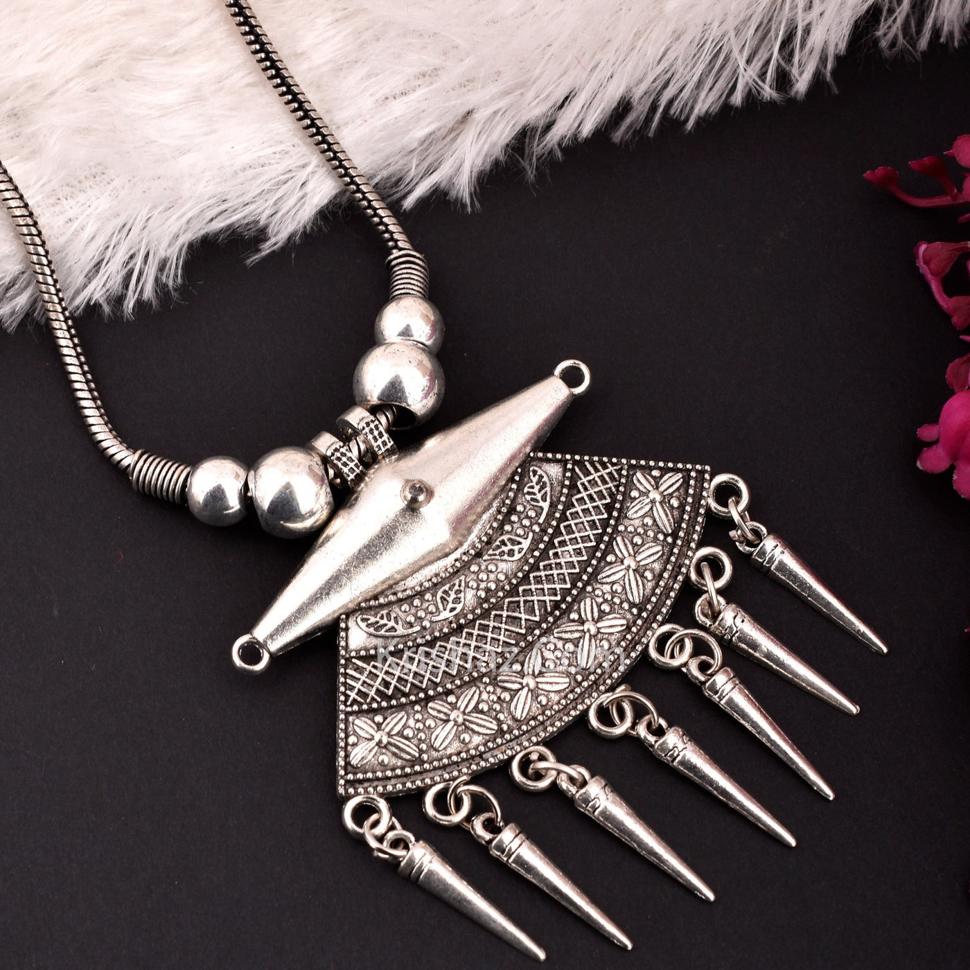 Designer German Silver Kolhapuri Long Pendant Necklace