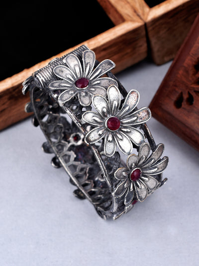 One piece of Ruby Flower Designed Modern Style German Silver Kada Bangle