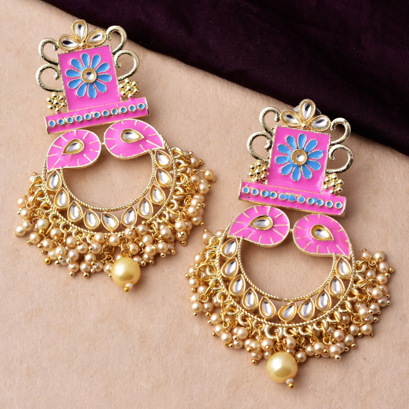 Pink & Blue Color Long Golden Dangler Earrings Set