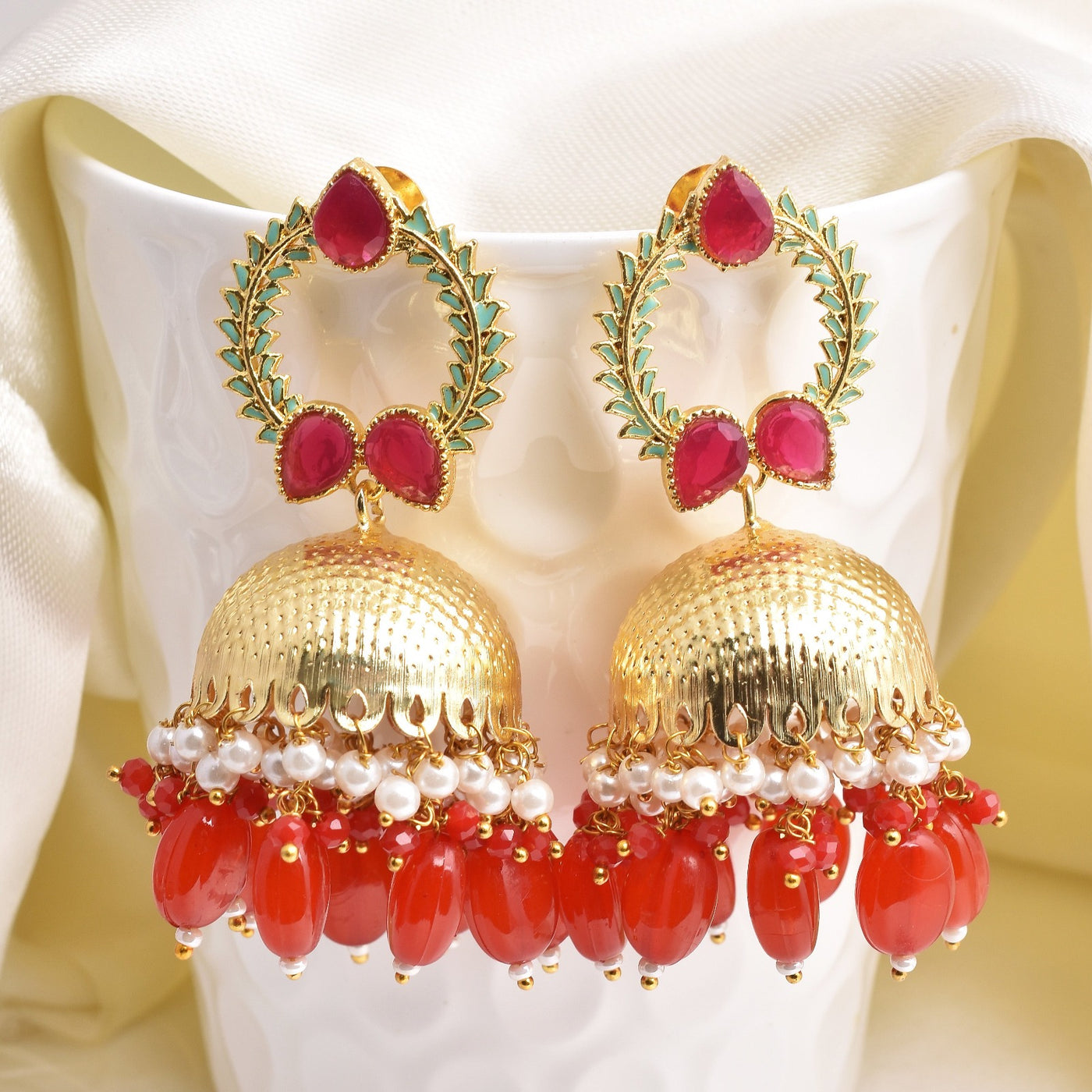 Anandi Detailed Work Golden Jhumka Earrings