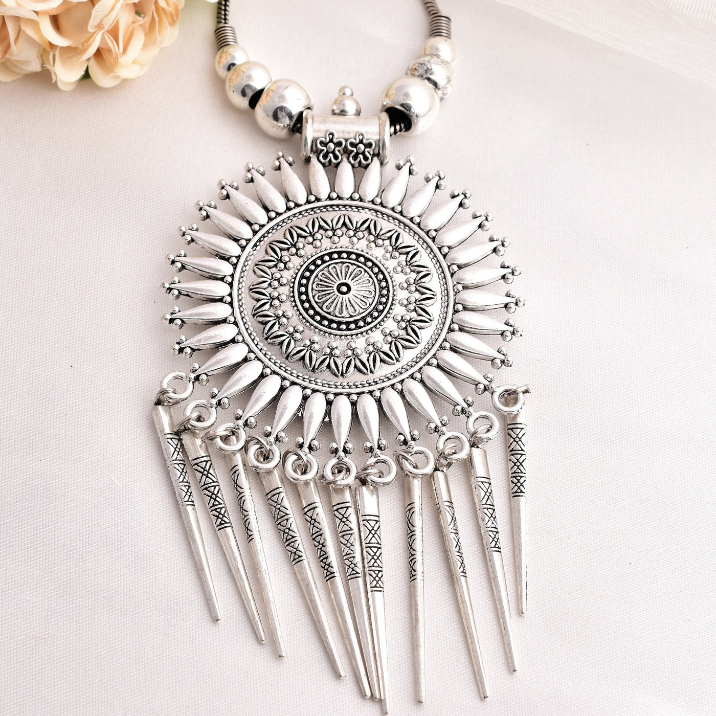 Designer German Silver Kolhapuri Long Pendant Necklace