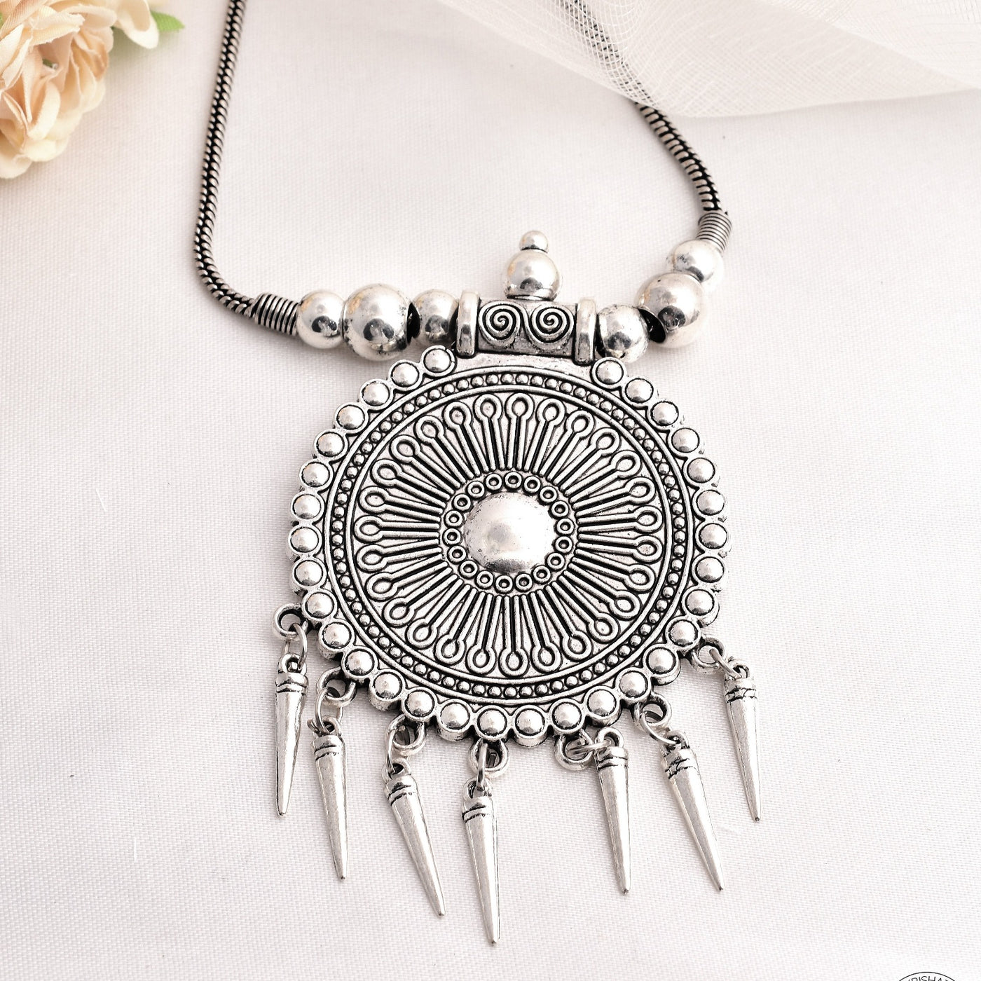 Designer German Silver Kolhapuri Long Pendant Necklace