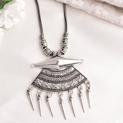 Designer Oxidized Silver Kolhapuri Long Pendant Necklace