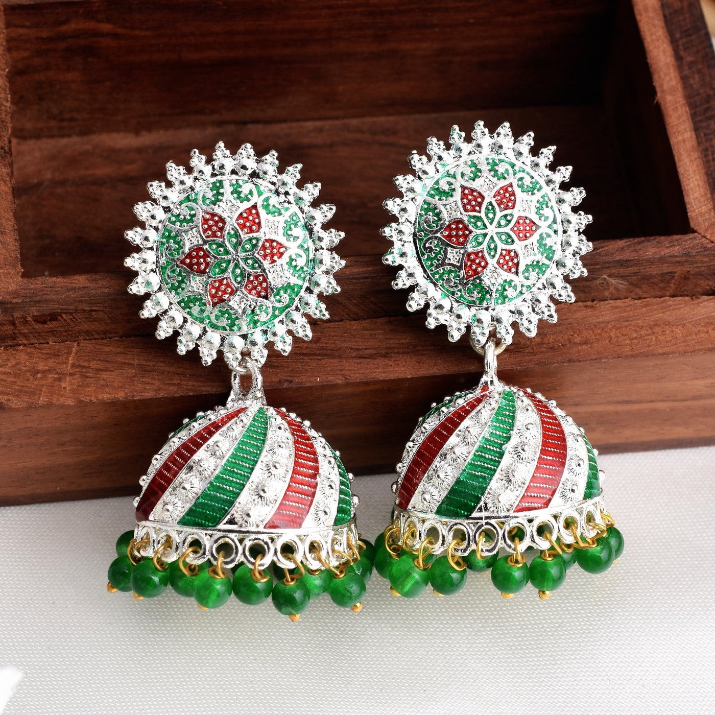 Green and Red mix Shiny Silver Enamel Jhumki Earrings