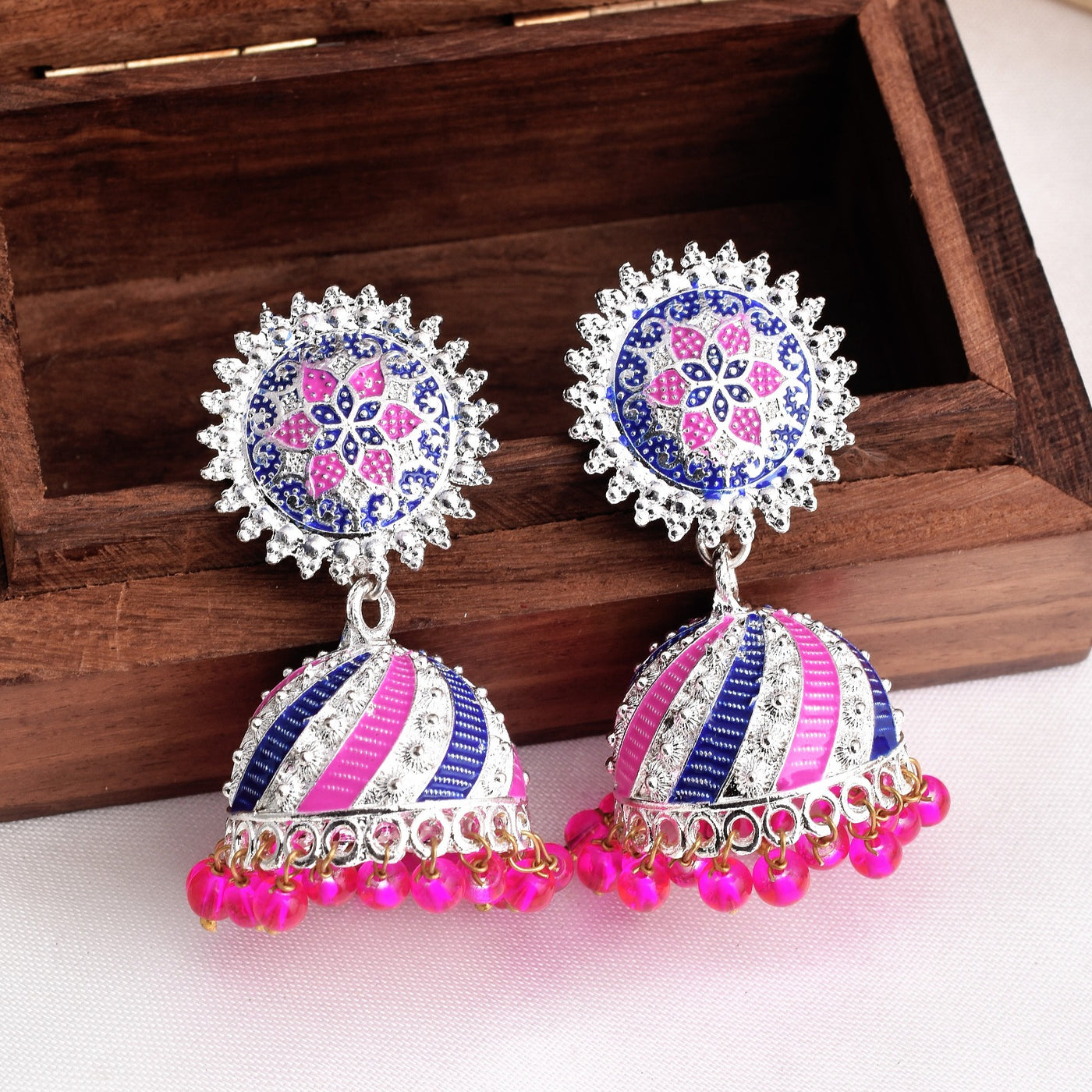 Pink & Blue mix Shiny Silver Enamel Jhumki Earrings