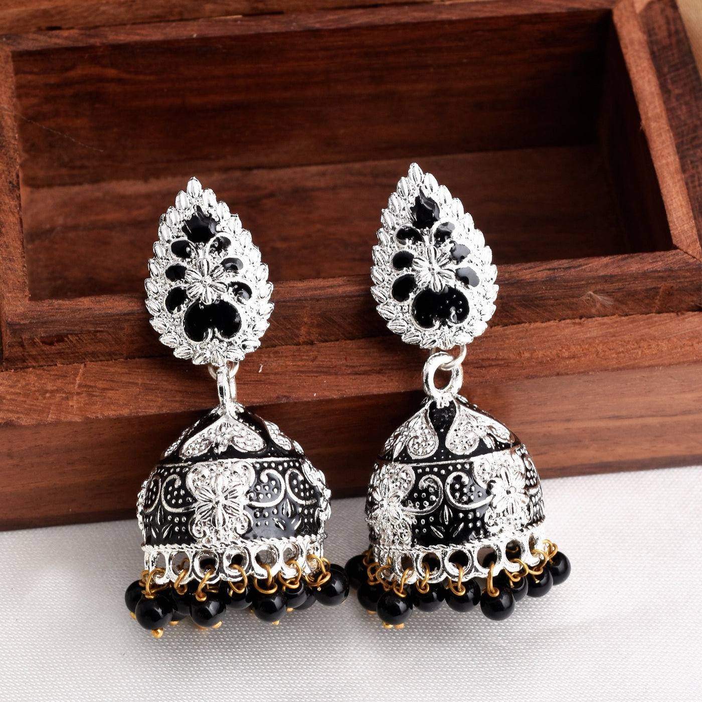 Black Color Shiny Silver Enamel Jhumki EarringsG