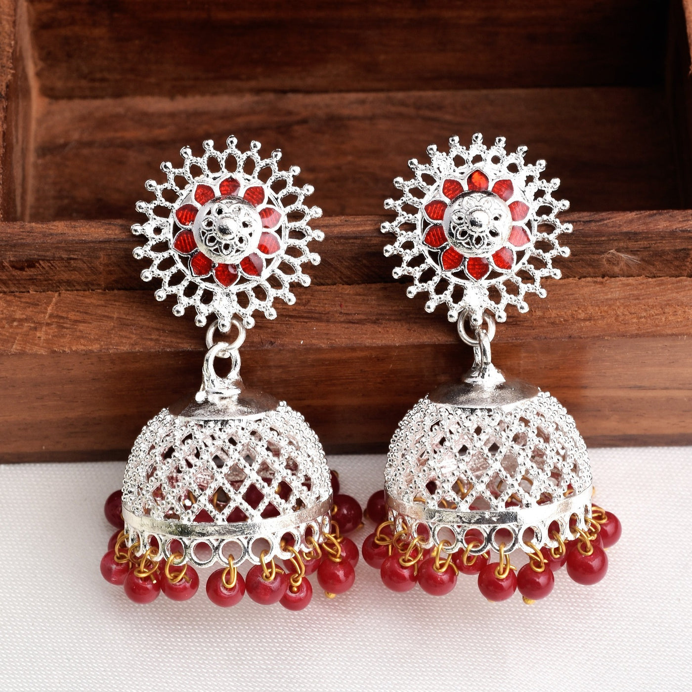 Red Color Flower Design Shiny Silver Enamel Jhumki Earrings