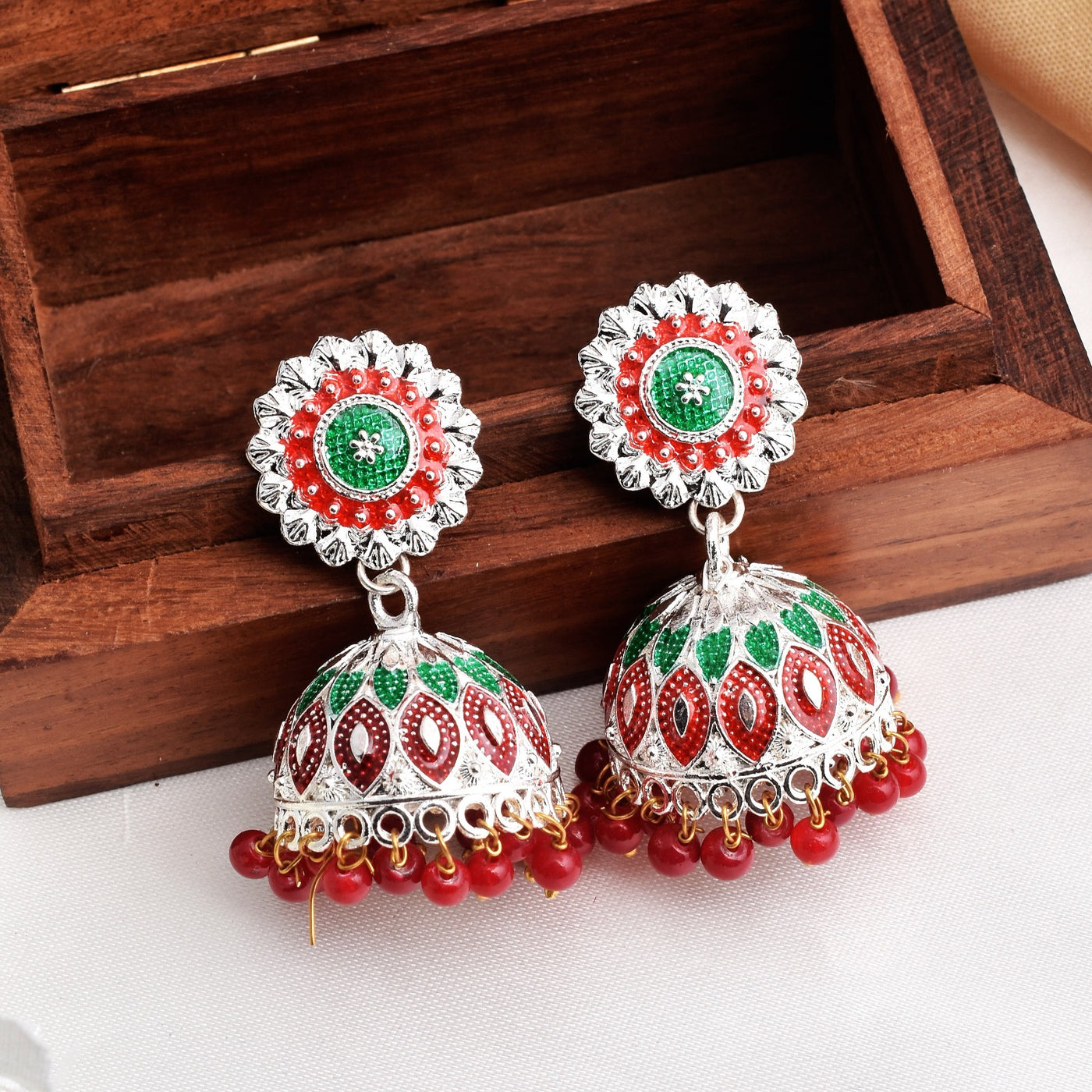 Red & Green mix Flower Design Shiny Silver Enamel Jhumki Earrings