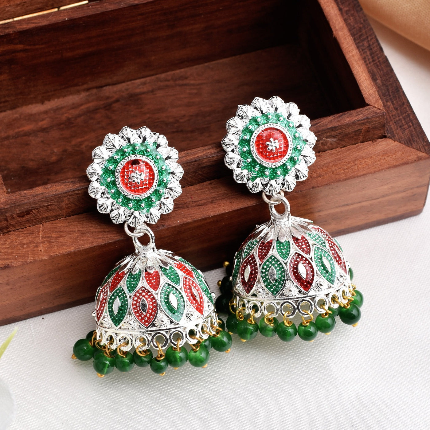 Green & Red mix Flower Design Shiny Silver Enamel Jhumki Earrings