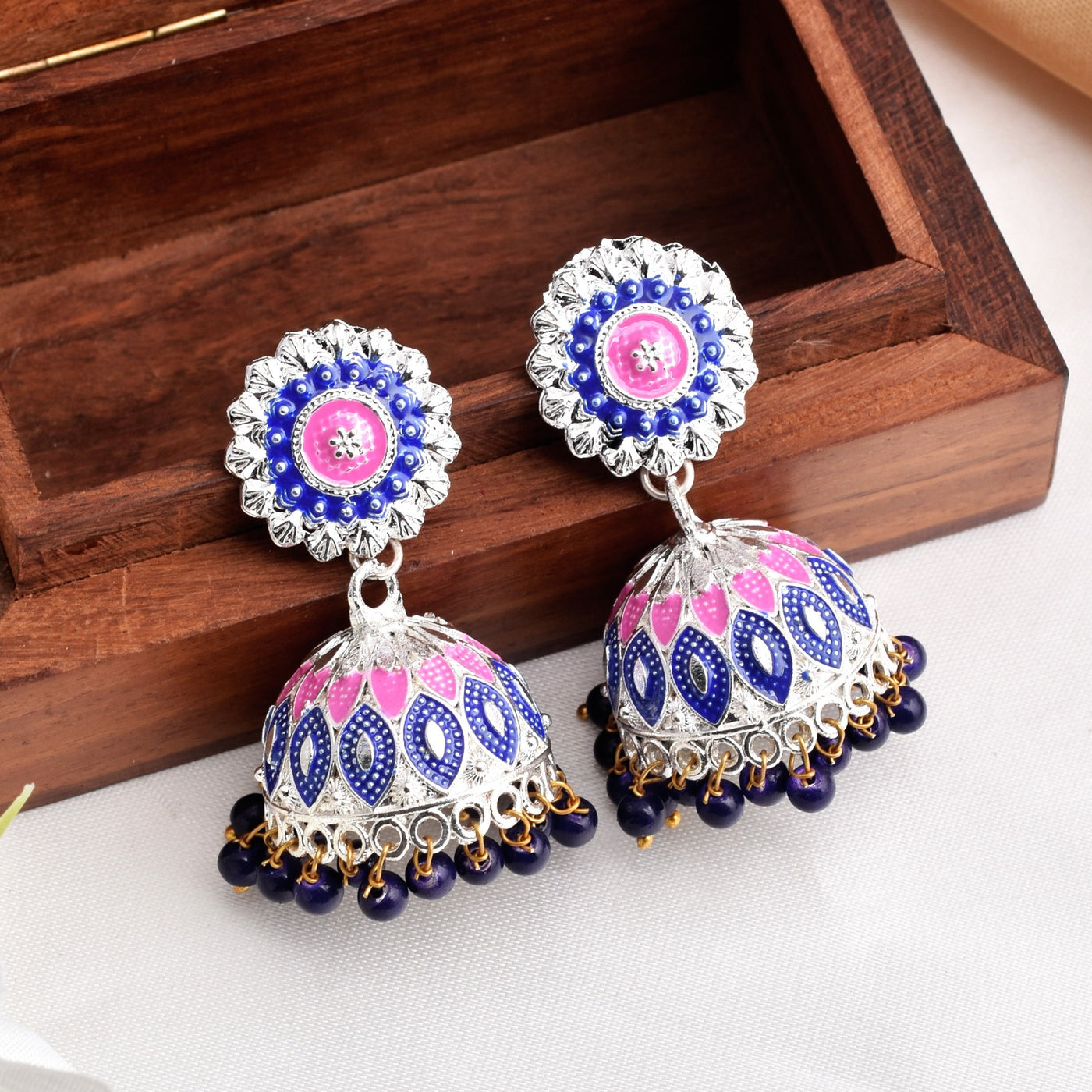 Blue & Pink mix Color Flower Design Shiny Silver Enamel Jhumki Earrings