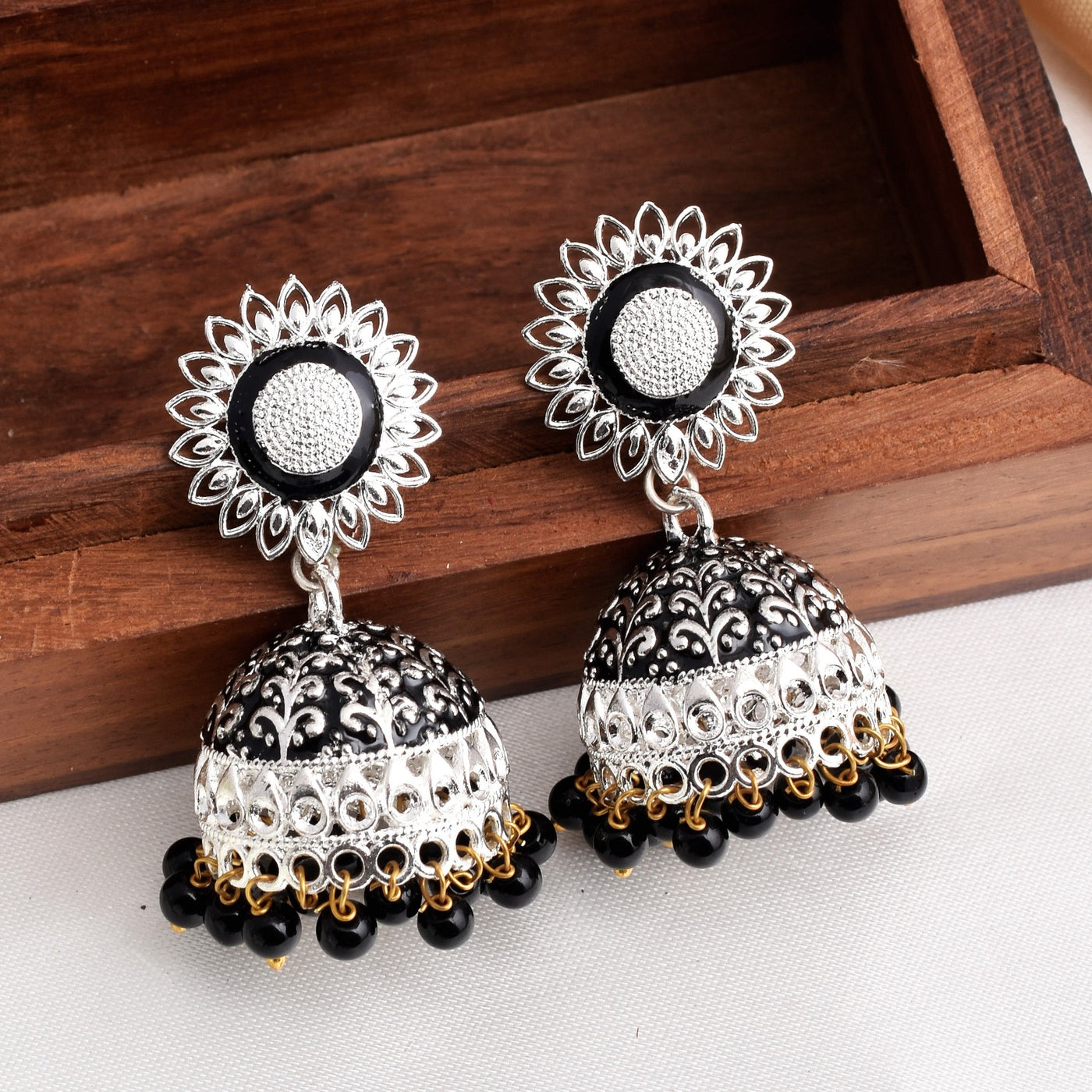Black Color Flower Design Shiny Silver Enamel Jhumki Earrings