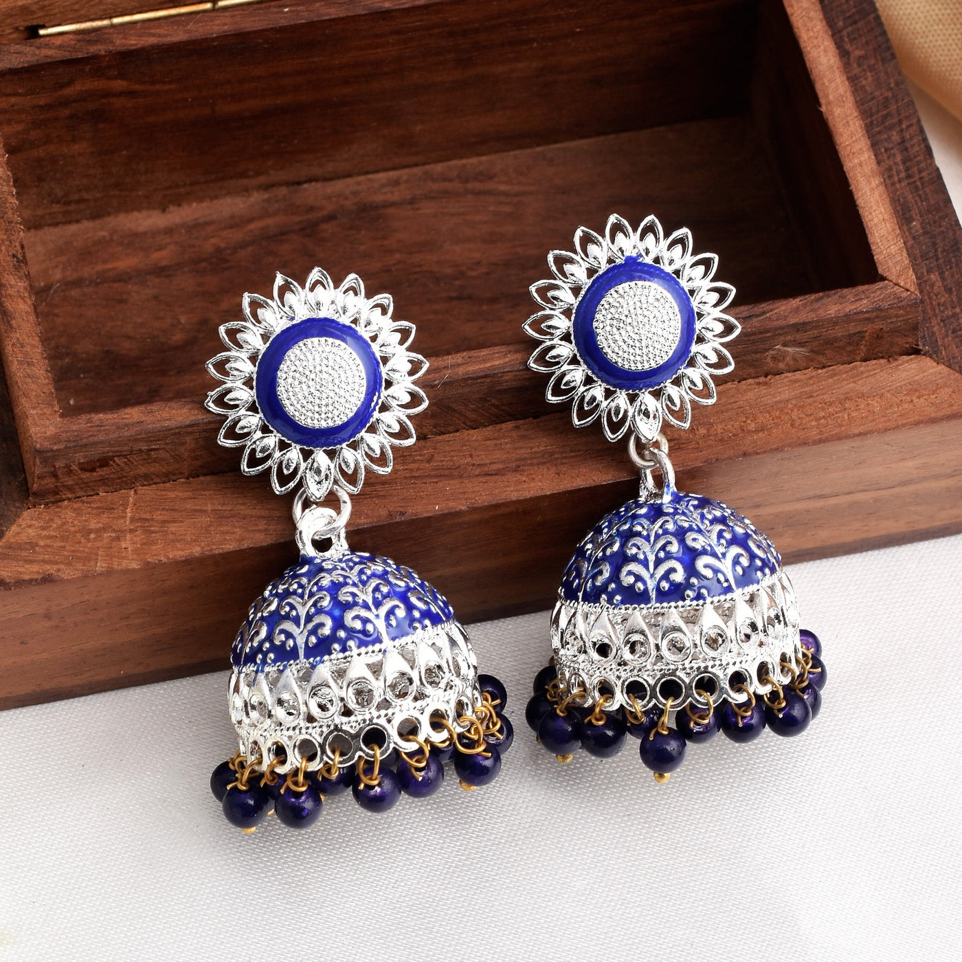 Blue Color Flower Design Shiny Silver Enamel Jhumki Earrings