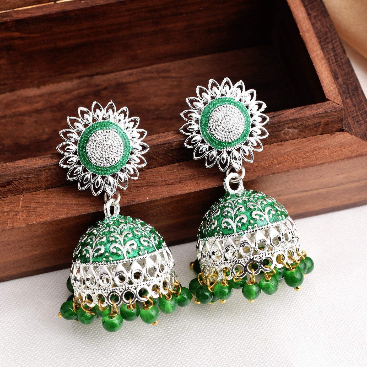 Green Color Flower Design Shiny Silver Enamel Jhumki Earrings