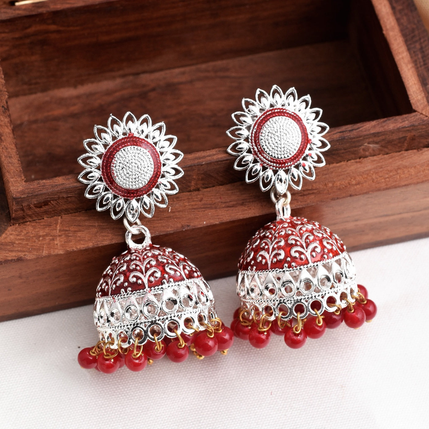Red Color Flower Design Shiny Silver Enamel Jhumki Earrings