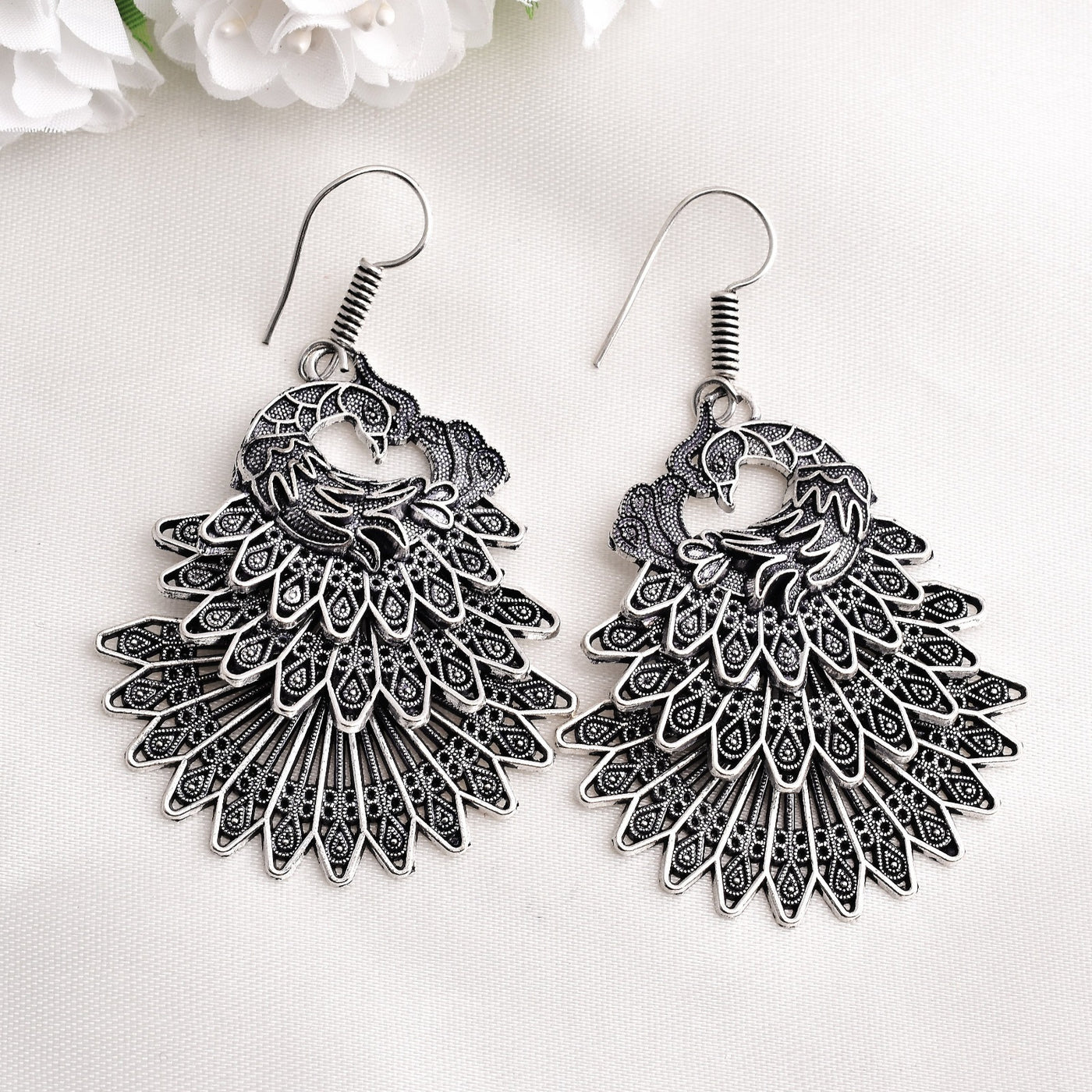 Sejal Peacock Design Oxidized Silver Dangler Earrings Set