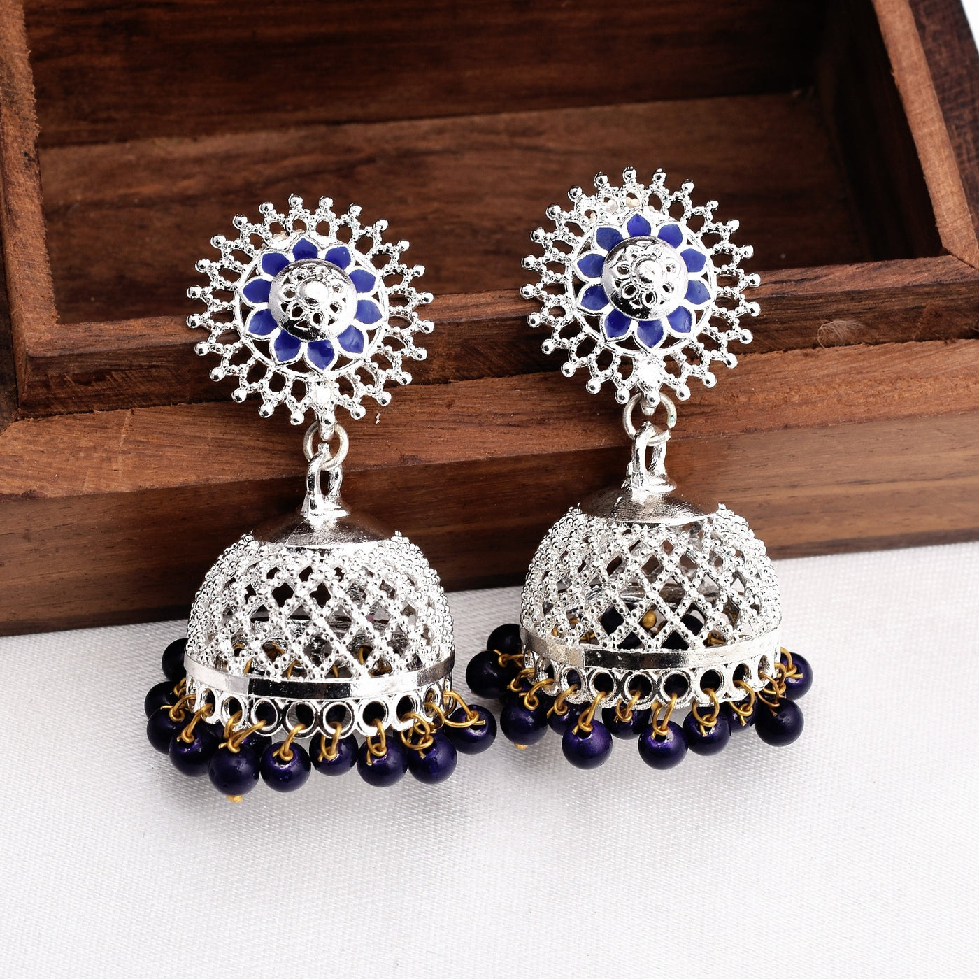 Blue Color Shiny Silver Enamel Jhumki Earrings