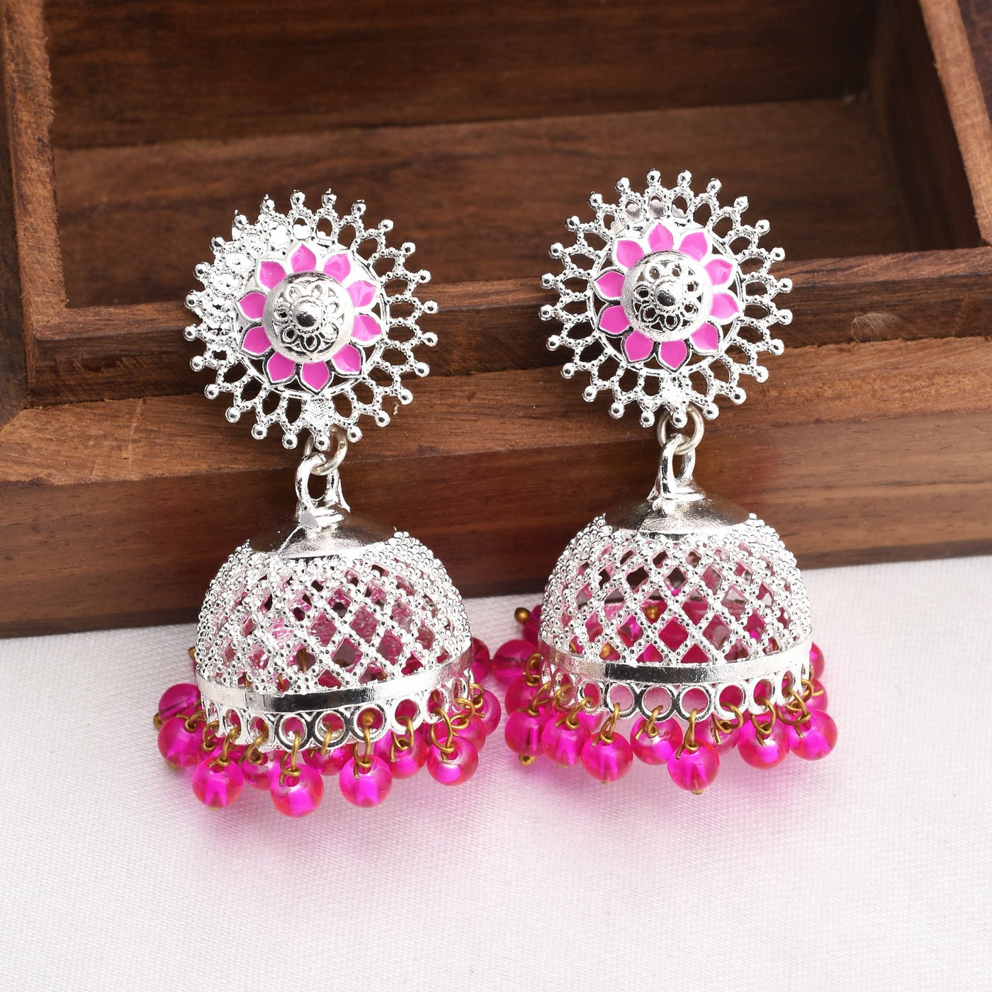 Pink Color Shiny Silver Enamel Jhumki Earrings