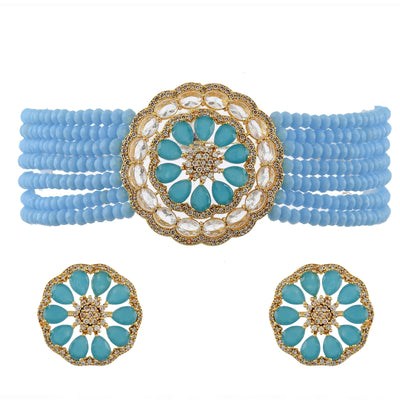 Turquoise Blue Color Floral Golden Necklace Set with Matching Earrings