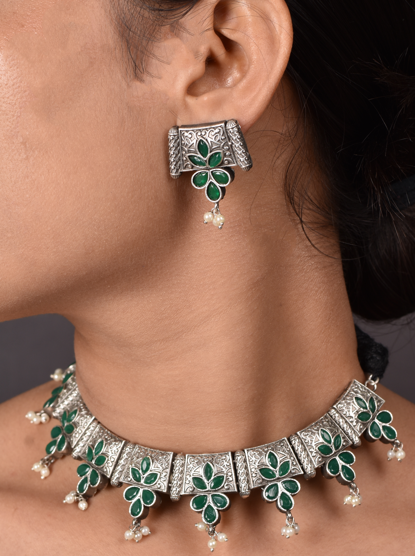 Malvika Silver Look Alike Heavy Look Necklace with Matching Earrings Set