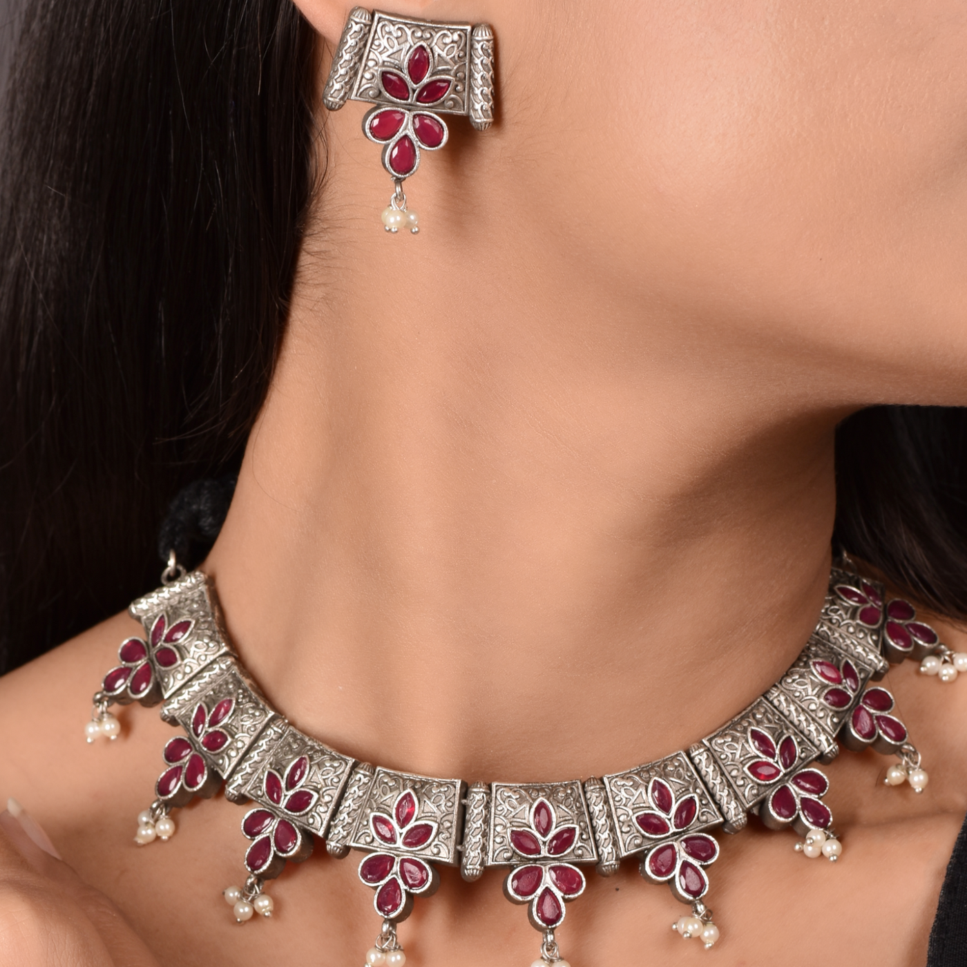 Malvika Silver Look Alike Heavy Look Necklace with Matching Earrings Set