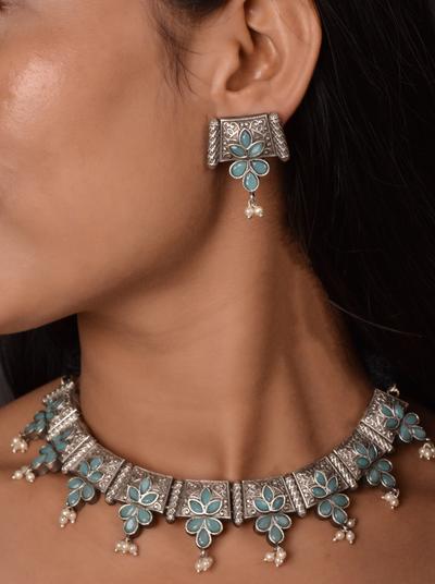 Malvika Silver Look Alike Heavy Look Necklace with Matching Earrings Set