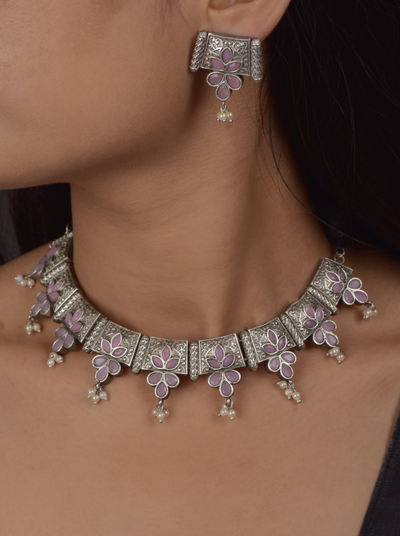 Malvika Silver Look Alike Heavy Look Necklace with Matching Earrings Set