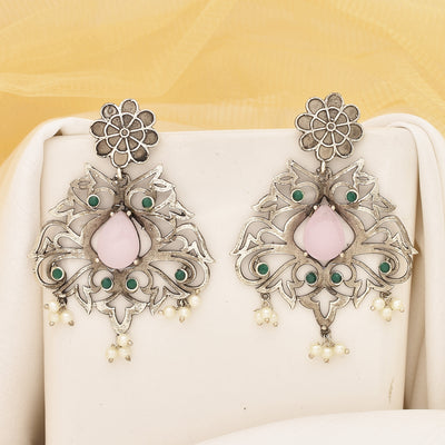 Hazel Floral Silver Look Alike Dangler Earrings Set - xoiox