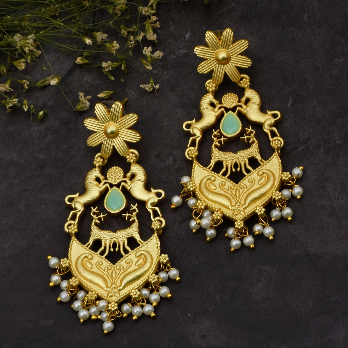 Miraya Ethnic Floral Matte Gold Dangler Earrings