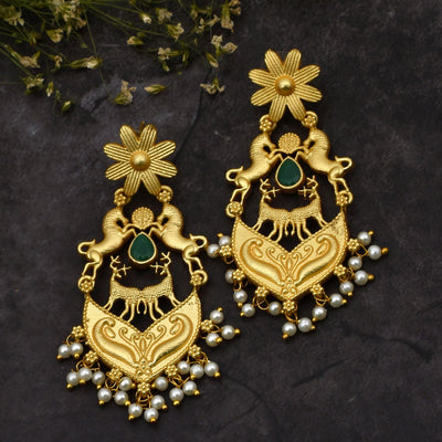 Miraya Ethnic Floral Matte Gold Dangler Earrings