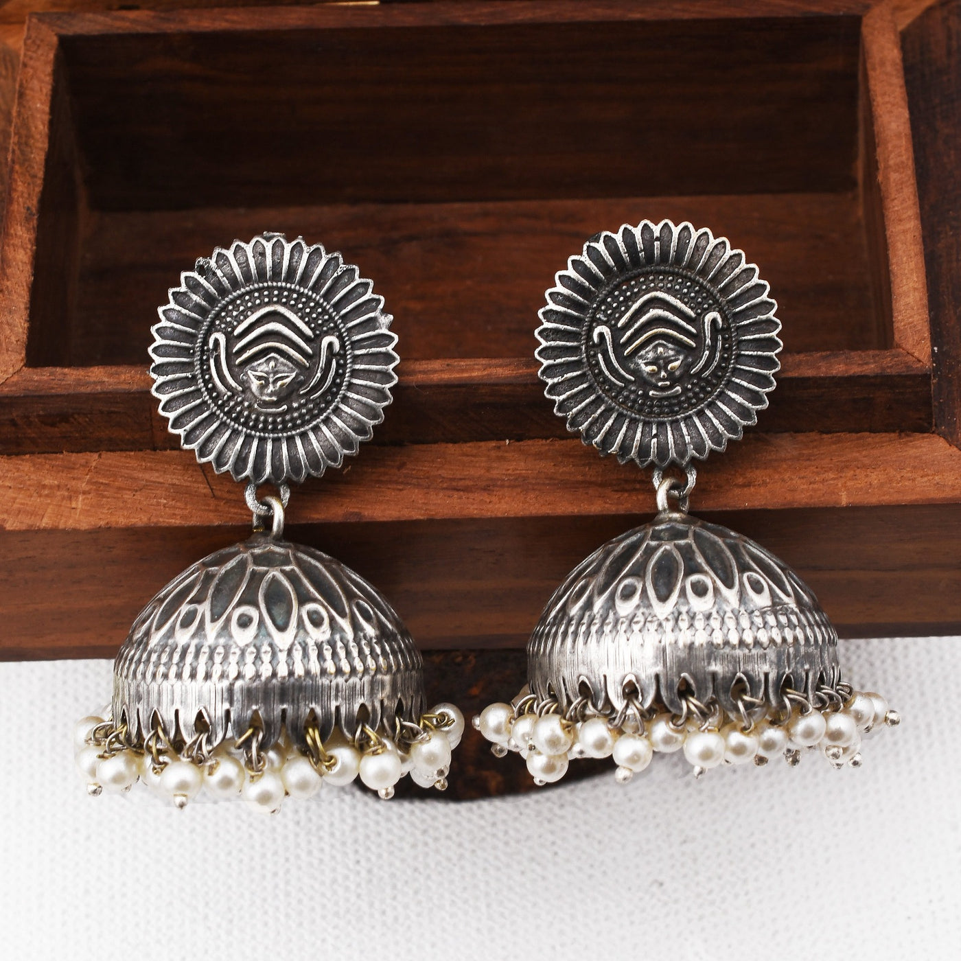 Durga Silver Oxidised Jhumka Earring Set