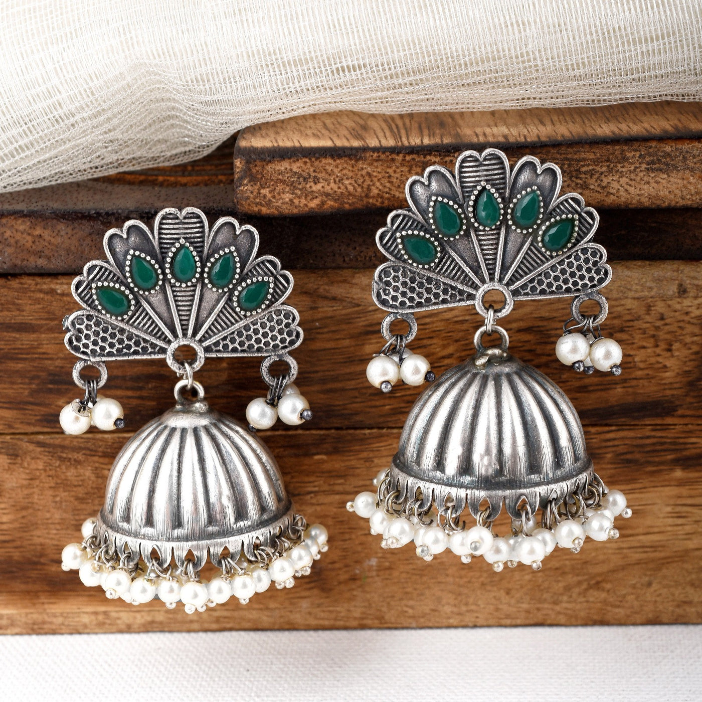 Aathiya Silver Oxidised Jhumka Earring Set