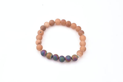 Round Beaded Stretch Bracelet, 8mm Natural Peach Druzy Combine With Rainbow Druzy.