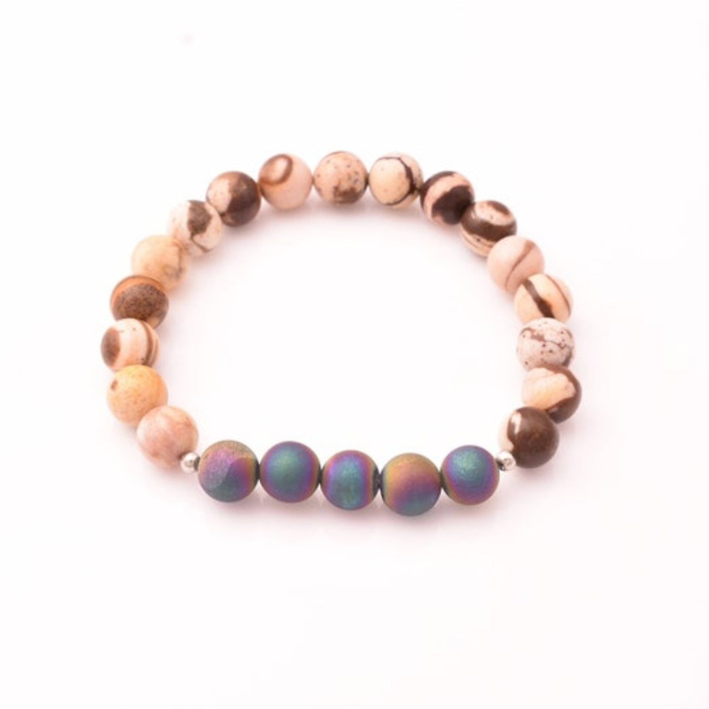 Stretch Bracelet, 8mm Natural Round Rainbow Druzy with Australian Zebra Jasper Beaded Stretch Bracelet