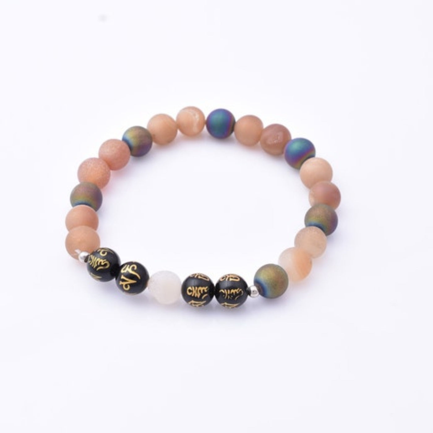 Stretch Bracelet, 8mm Natural Round Peach and Rainbow Druzy with Om Mani Black Onyx Beaded Stretch Bracelet